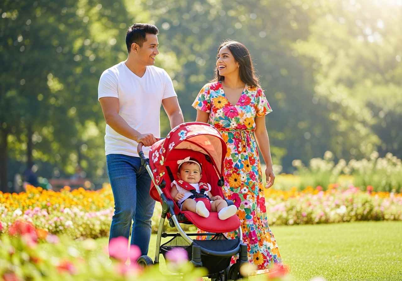 familia-feliz-pesseando-com-bebe-no-carrinho